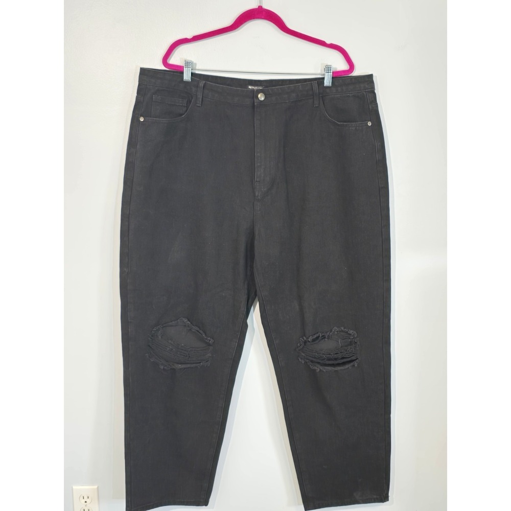PrettyLittleThing Black Distressed Mom Jeans Ripped Knee‎ High Waist Denim Sz 18